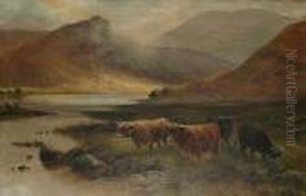 Highland Cattle By A Loch Oil Painting by Daniel Sherrin