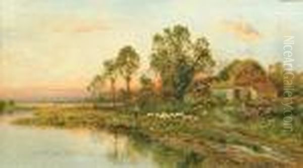 A Drover And Sheep Beside A Barn, With Ducks By A River In The Foreground Oil Painting by Daniel Sherrin