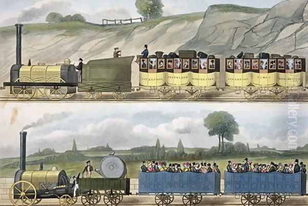 A Train of the First Class top and a Train of the Second Class bottom from Coloured View of the Liverpool - Manchester Railway, engraved by S.G. Hughes, published by Ackermann & Co., London, 1832-33 Oil Painting by Isaac Shaw