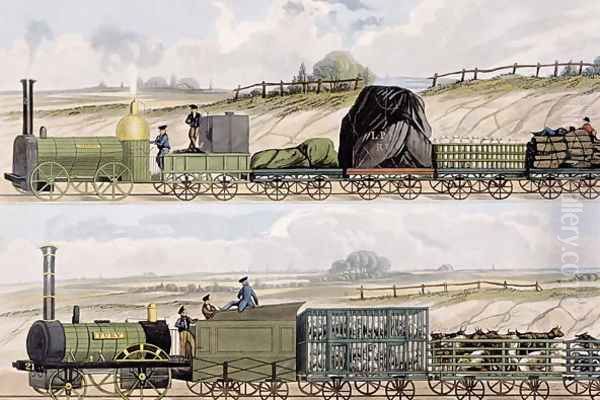 A Train of Wagons top and a Train of Cattle, Sheep and Pigs bottom from Coloured View of the Liverpool - Manchester Railway, engraved by S.G. Hughes, published by Ackermann Co., London, 1832-33 Oil Painting by Isaac Shaw