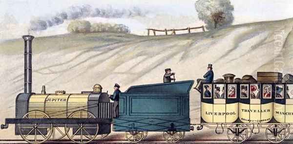 Travelling on the Liverpool and Manchester Railway, detail of the locomotive Jupiter, engraved by S.G. Hughes, c.183 Oil Painting by Isaac Shaw