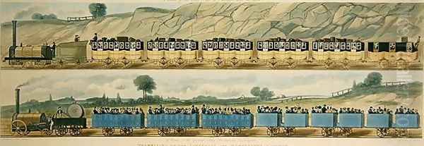 Travelling on the Liverpool and Manchester Railway A Train of the First Class of Carriages with the Mail, and A Train of the Second Class for Outside Passengers, engraved by S.G. Hughes, 1831 Oil Painting by Isaac Shaw