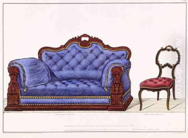 French Sofa and Chair from Modeles de Meubles et de decorations interieures pour les meubles, Paris, Santi, M, 1828 Oil Painting by M. Santi