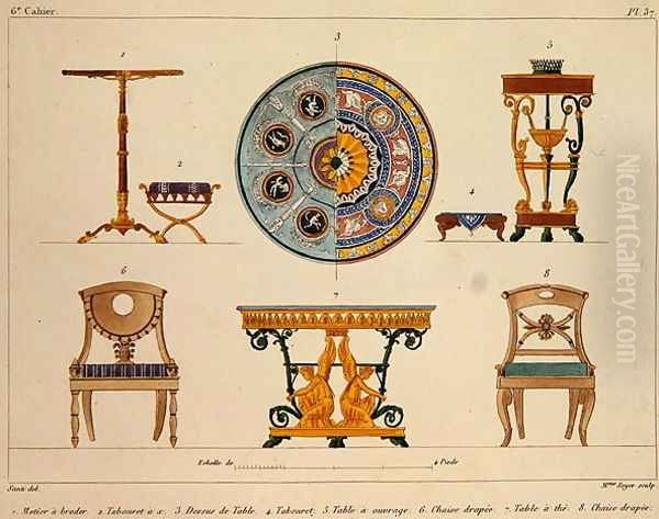 Furniture designs, engraved by Mme Soyer, plate 37 from Modeles de Meubles et de decorations interieures pur les meubles, published 1828-41 Oil Painting by M. Santi