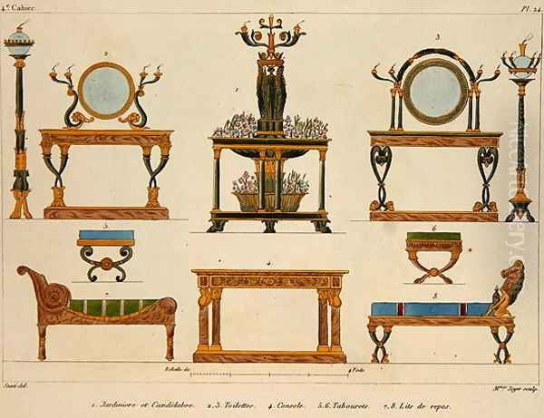 Furniture designs, engraved by Mme Soyer, plate 24 from Modeles de Meubles et de decorations interieures pur les meubles, published 1828-41 Oil Painting by M. Santi