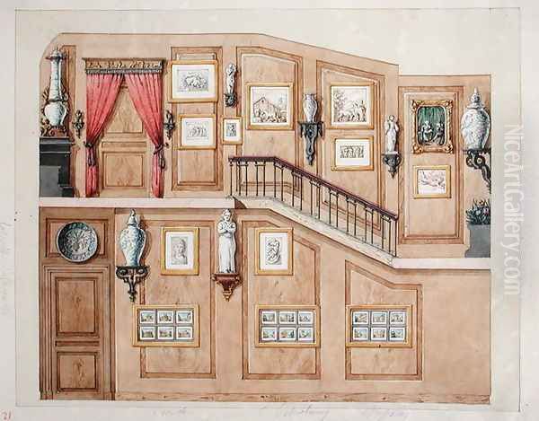 Staircase at rue Fortunee, house bought by Balzac in 1847, 1851 Oil Painting by M. Santi