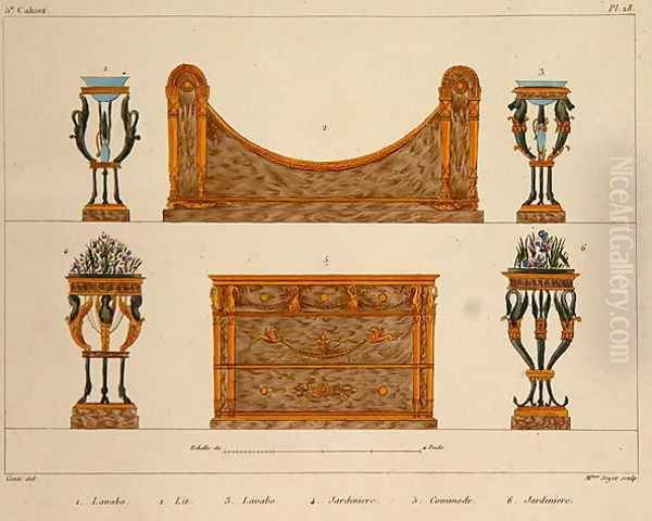 Furniture designs, engraved by Mme Soyer, plate 28 from Modeles de Meubles et de decorations interieures pur les meubles, published 1828-41 Oil Painting by M. Santi