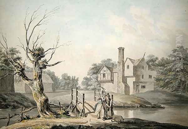 Rustic Figures crossing a Bridge near a Farm House Oil Painting by George Samuel