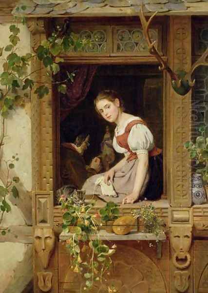 Dreaming on the windowsill Oil Painting by August Friedrich Siegert