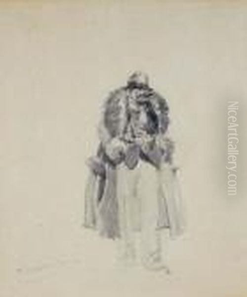 Study Of A Man In A Fur Collared Coat Smoking A Cigar (from Oil Painting by Everett Shinn