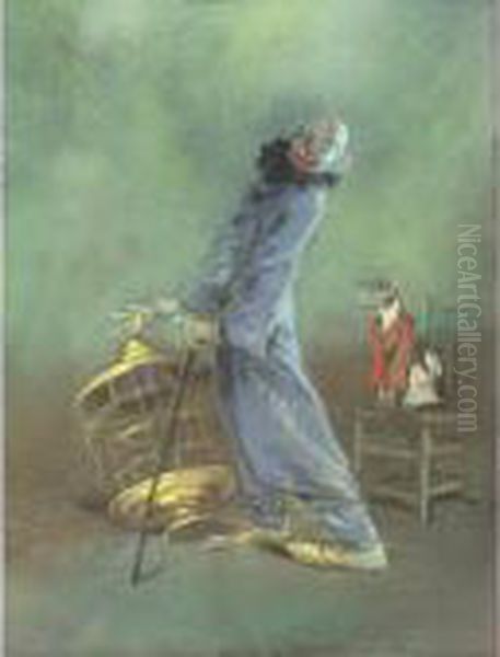 Clown With Bird Cage Oil Painting by Everett Shinn