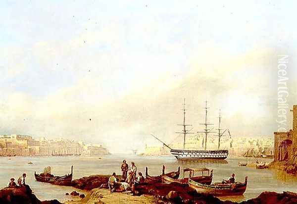 H.M.S. Brunswick at Anchor in Grand Harbour, Valletta, Malta Oil Painting by John or Giovanni Schranz