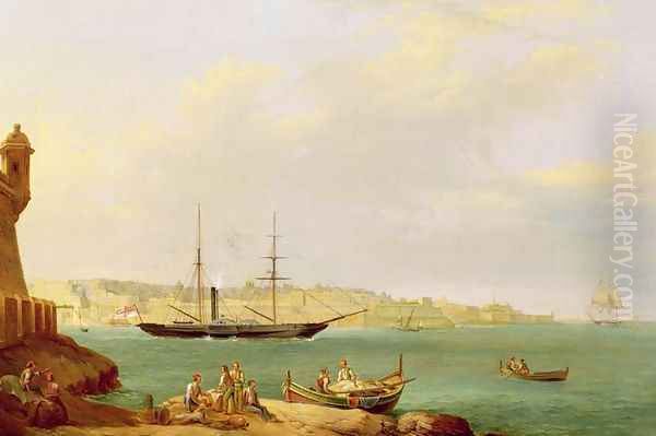 H.M.S. Vesuvius leaving Grand Harbour, Valletta, Malta Oil Painting by John or Giovanni Schranz