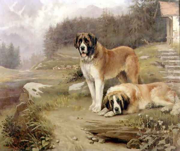 Two St. Bernards in an Alpine Landscape Oil Painting by Leghe Suthers