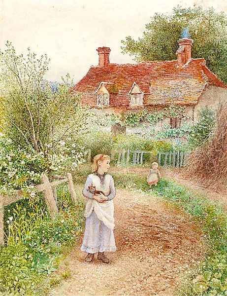 Children holding a cat before a cottage Oil Painting by Alice Squire