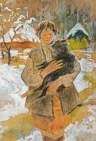 Girl With Lamb. Black Lamb Oil Painting by Kazimierz Sichulski