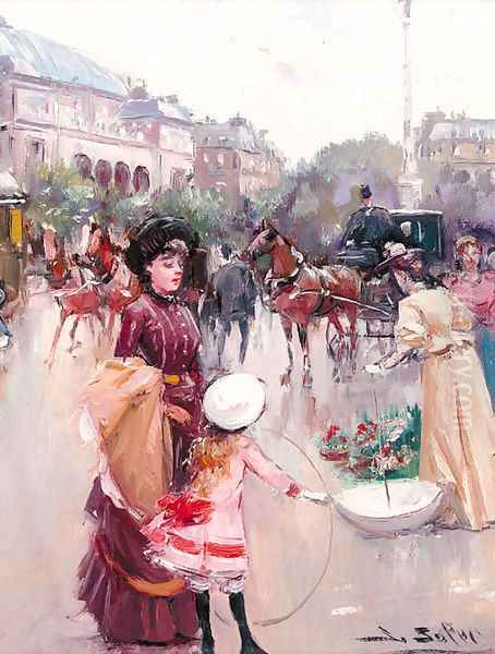 A girl with a hoop in a busy Parisian avenue Oil Painting by Joan Roig Soler