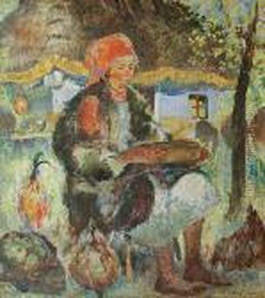 Kobieta Karmiaca Kury Oil Painting by Kazimierz Sichulski