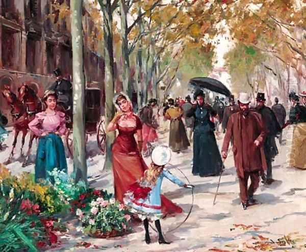 A flower seller on a tree-lined Parisian boulevard Oil Painting by Joan Roig Soler