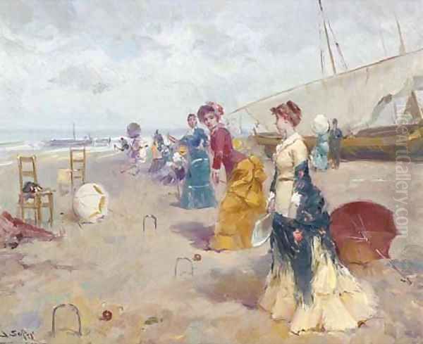 Croquet on the beach 2 Oil Painting by Joan Roig Soler