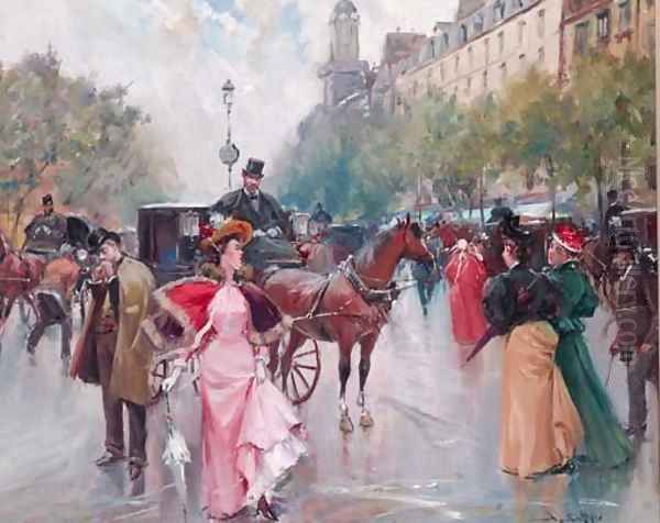 A bustling Parisian boulevard Oil Painting by Joan Roig Soler