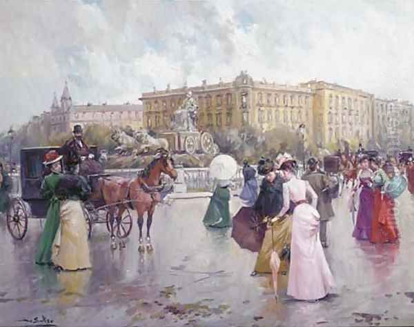 Elegant figures and carriages on a Parisian boulevard Oil Painting by Joan Roig Soler