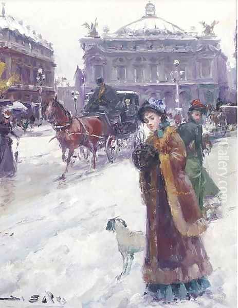 Figures in the snow before the Opera House, Paris 2 Oil Painting by Joan Roig Soler