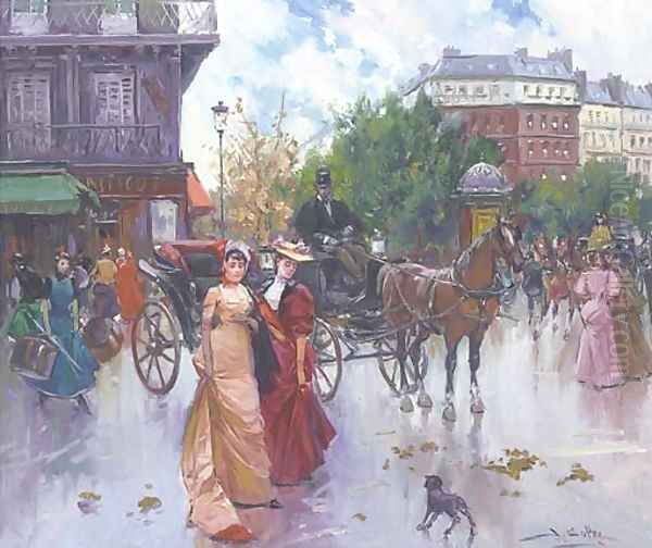 Elegant figures before a carriage in a Parisienne square Oil Painting by Joan Roig Soler