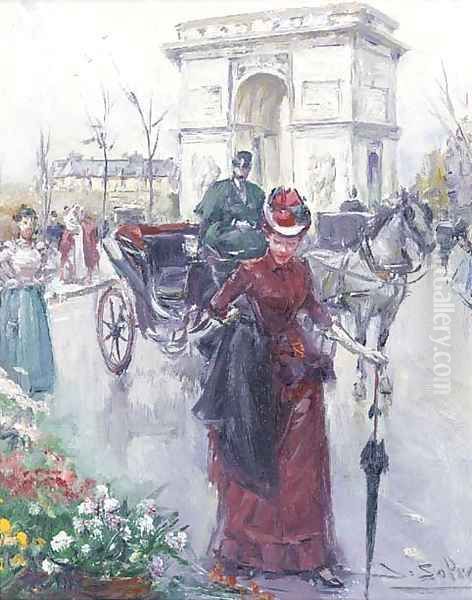 Elegant figures before the Arc de Triomphe Oil Painting by Joan Roig Soler