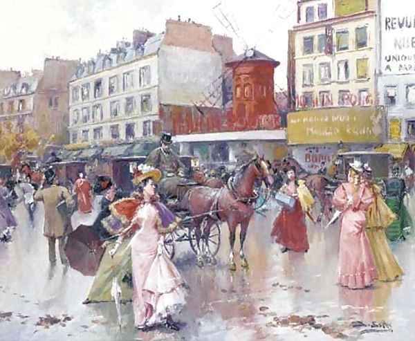 Elegant figures before the Moulin Rouge Oil Painting by Joan Roig Soler