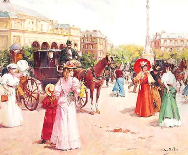 Elegant Figures in a Parisian Street Oil Painting by Joan Roig Soler