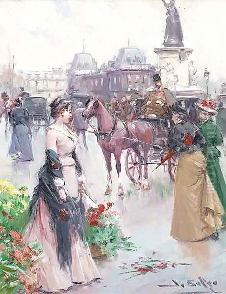 Elegant ladies in a Parisian street Oil Painting by Joan Roig Soler