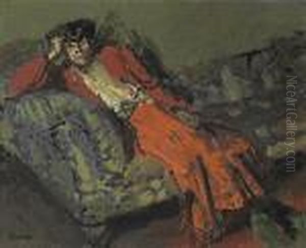 Woman In Red Against Green. Mrs Neville Oil Painting by Walter Richard Sickert