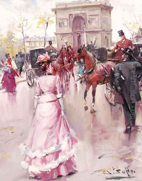 Figures before the l'arc de Triomphe Oil Painting by Joan Roig Soler