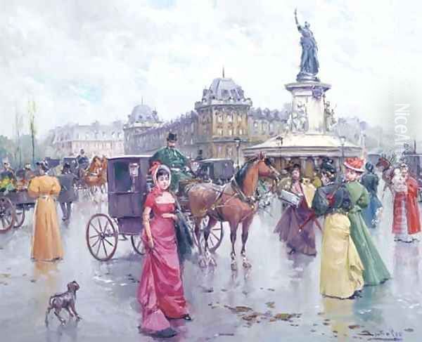 Figures in a Parisian square Oil Painting by Joan Roig Soler