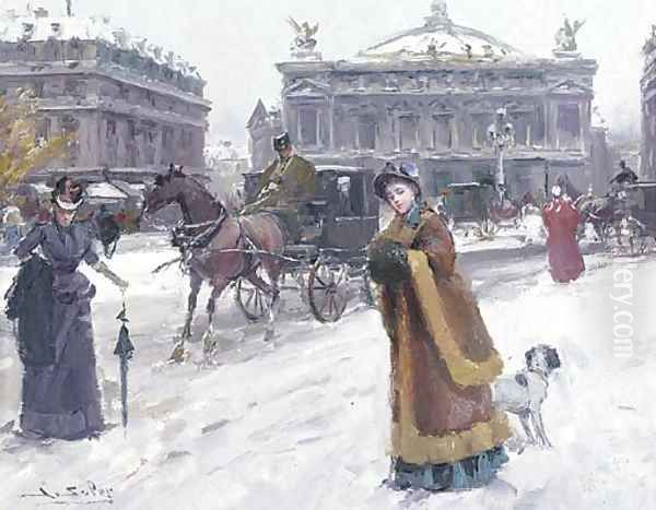 Figures in the snow before the Opera House, Paris Oil Painting by Joan Roig Soler