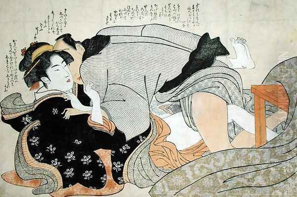 A Shunga Scene Oil Painting by Katsukawa Shunsho