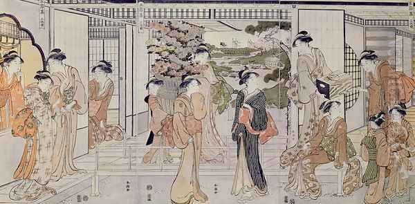 Young women with a basket of chrysanthemums Oil Painting by Katsukawa Shunsho