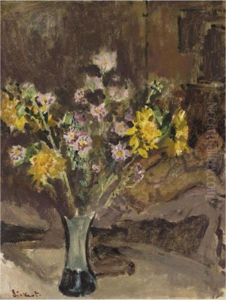 Nude Behind Flowers Oil Painting by Walter Richard Sickert