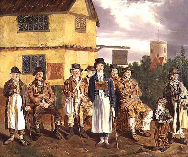 Norwich characters, L. to R., Peter Thomas, C. Grimer, R. Gurney, R. Gallant, Blind Dan, John of Poringland, Joe Doe, Whistling Cuckoo Boy and Wyer Oil Painting by Joseph Stannard