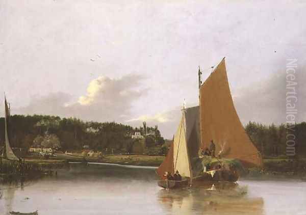 Boats on the Yare near Bramenton, Norfolk, 1828 Oil Painting by Joseph Stannard