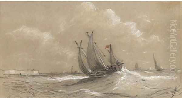 A fishing lugger off Yarmouth Oil Painting by Joseph Stannard