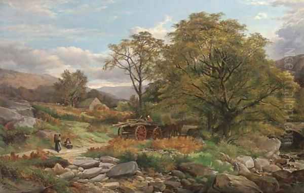 A log wagon in a Welsh landscape Oil Painting by John Syer