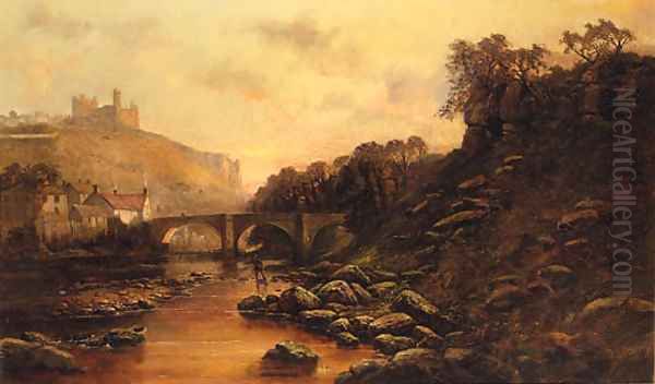 A Fisherman On The River Coquet With Warkworth Castle Beyond Oil Painting by John Syer