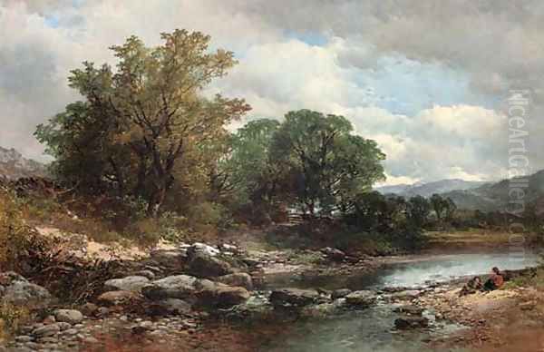 Figures resting on a river bank, possibly on the Llugwy Oil Painting by John Syer