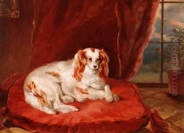 A Cavalier King Charles Spaniel Lying on a Red Cushion Oil Painting by Arthur J. Stark