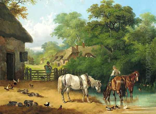 A boy watering horses in a farmyard Oil Painting by Charles & Henry Shayer