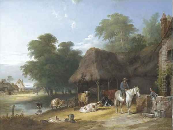 Figures and livestock by a riverside farmhouse Oil Painting by Charles & Henry Shayer