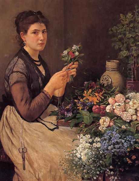 Girl Cutting Flowers Oil Painting by Otto Scholderer