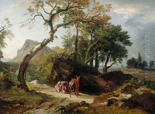 The Rescue of the Injured Man by the Merciful Samaritan Evening c.1856 Oil Painting by Johann Wilhelm Schirmer